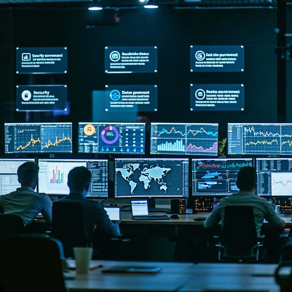 A group of IT professionals is intensely focused on their tasks each immersed in a multimonitor setup that displays an array of complex data and analytics The screens flicker with vibrant graphs code snippets and security alerts highlighting the fast A group of IT professionals is intensely focused on their tasks each immersed in a multimonitor setup that displays an array of complex data and analytics The screens flicker with vibrant graphs code snippets and security alerts highlighting the fast