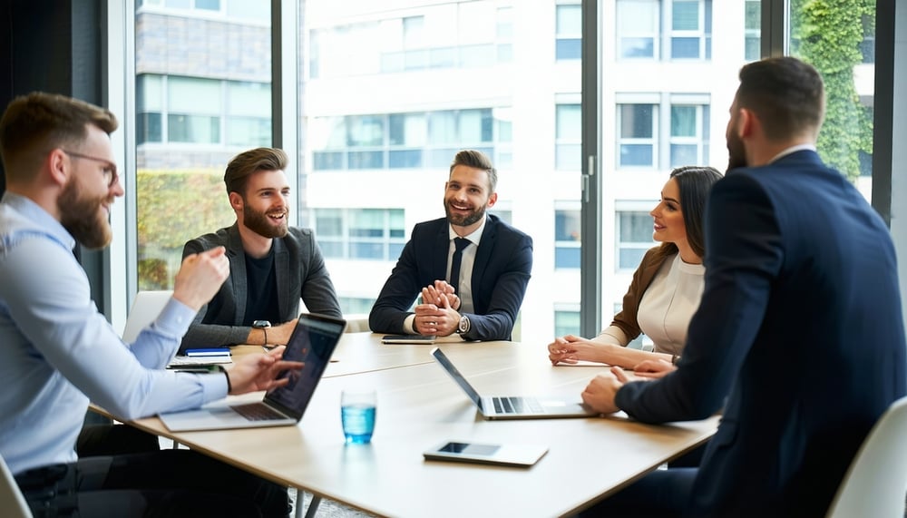 Business professionals engaging in a sales meeting with technology solutions
