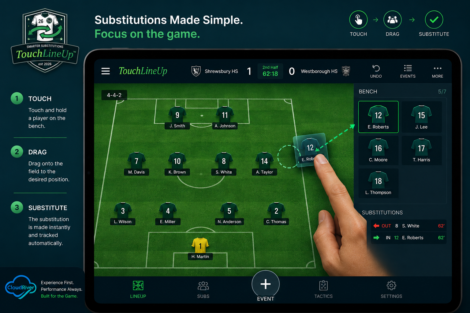 TouchLineUp substitution interface showing a player being dragged from the bench onto the field.