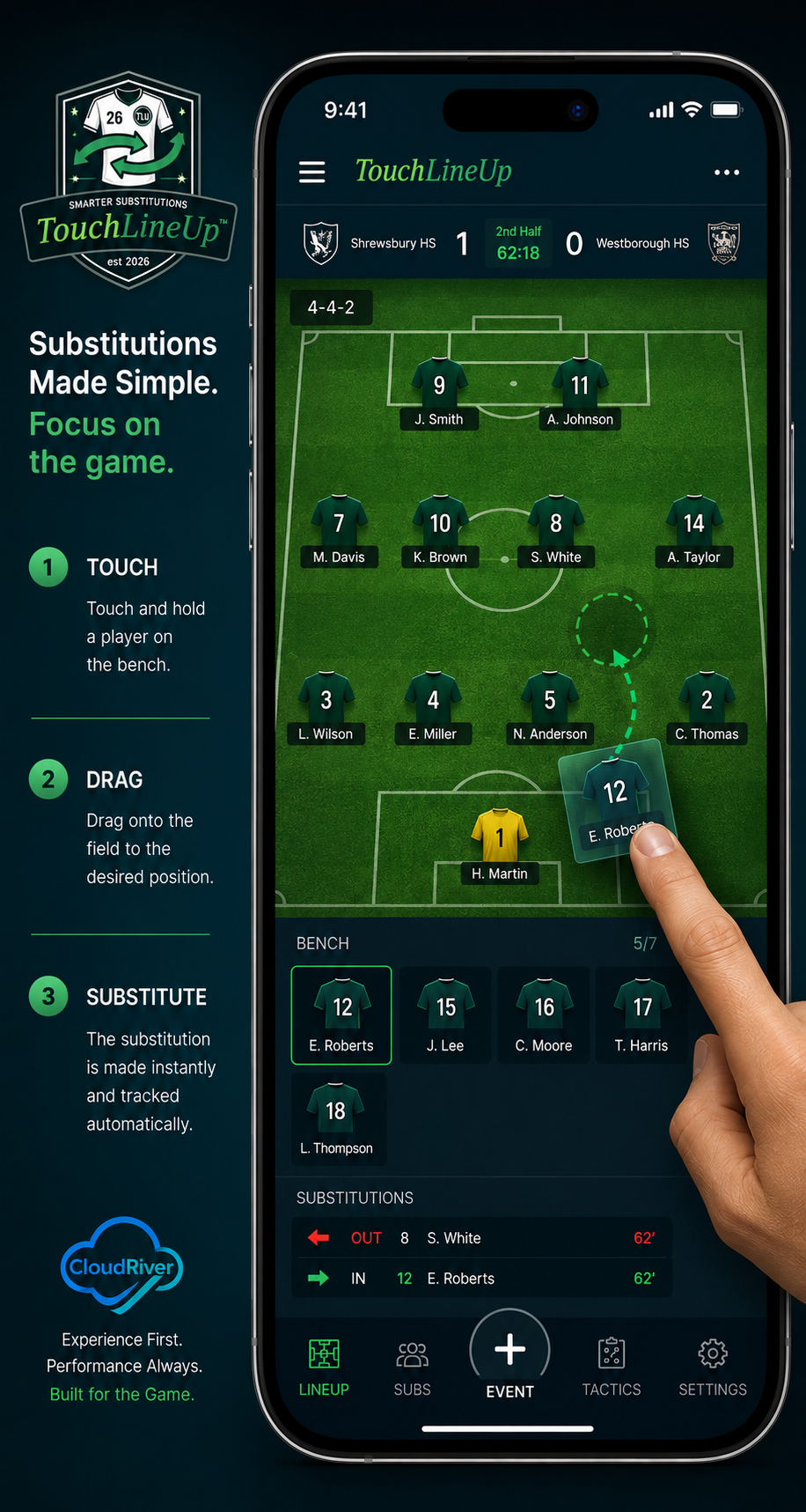 TouchLineUp substitution interface showing a player being dragged from the bench onto the field.