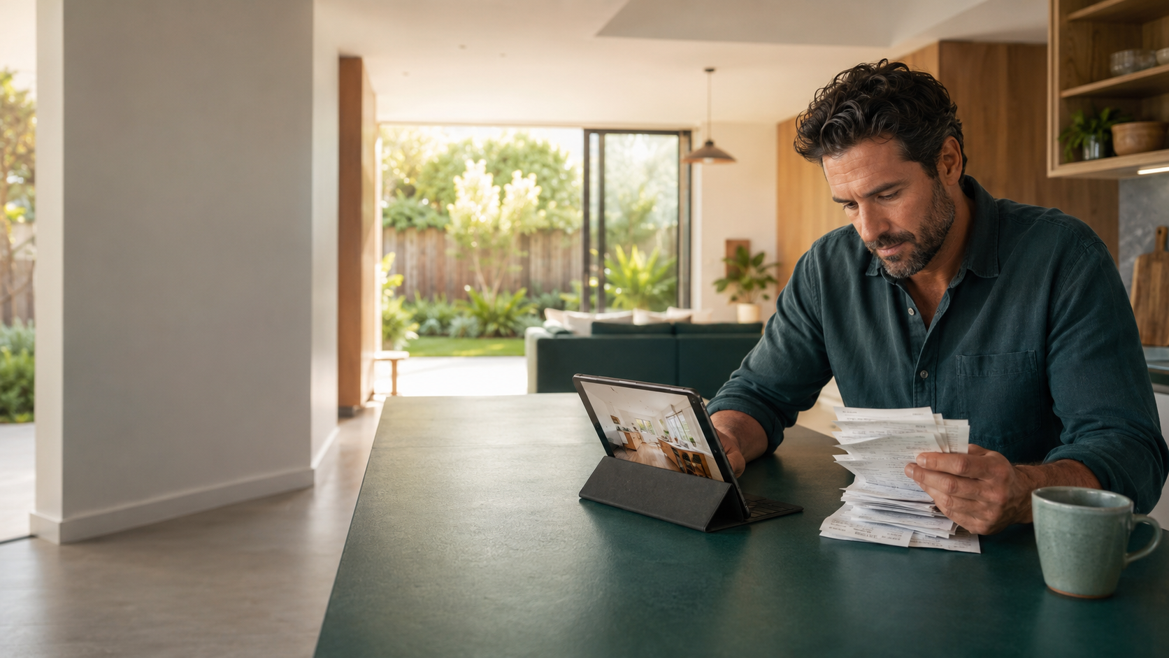 Homeowner reviewing home improvements and supporting records at a kitchen table