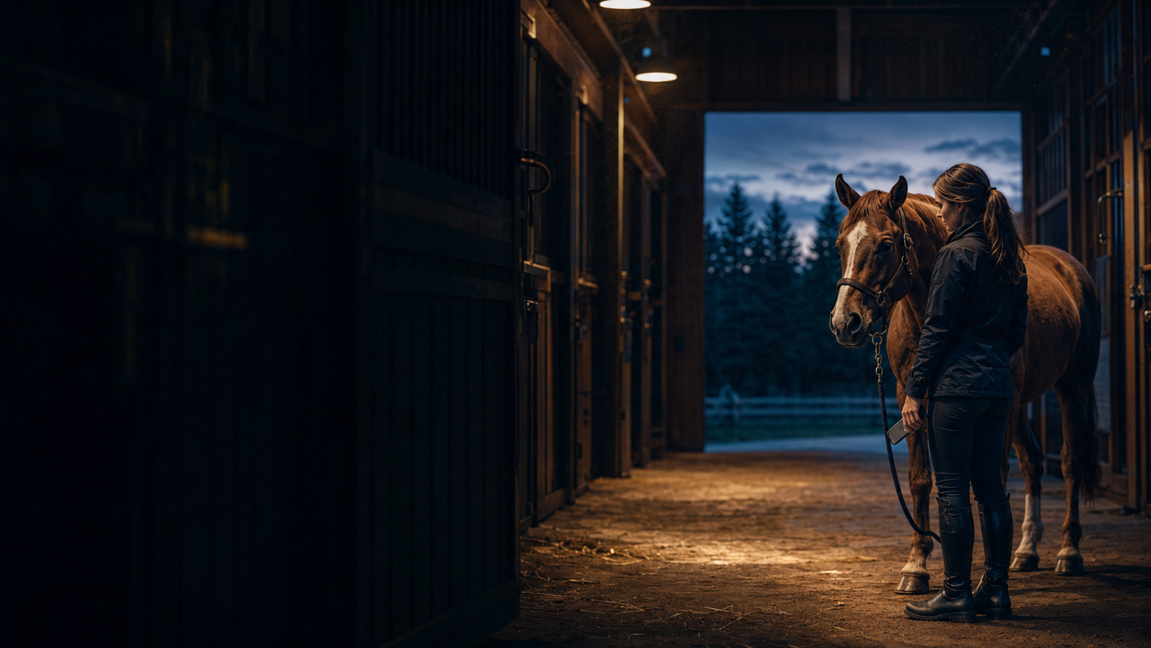 Boarding stalls inside a warmly lit barn with horses visible